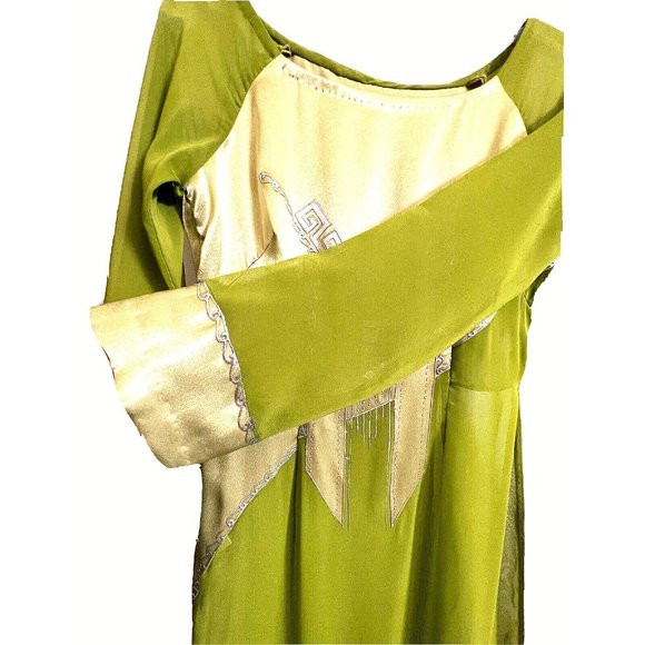 Asian Chinese Long Maxi Sheer Cocktail Dress Size S Green Metallic Silver - Picture 7 of 15